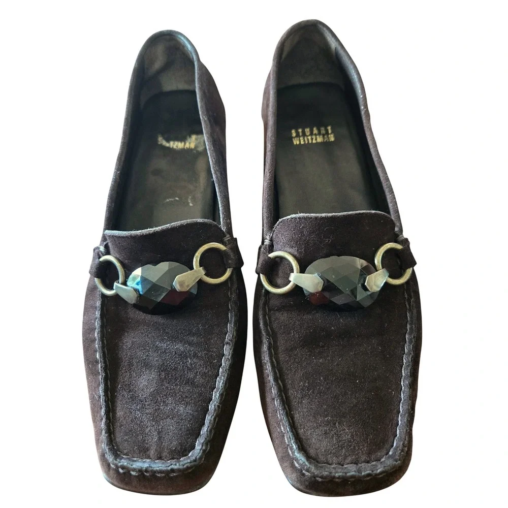 Stuart Weitzman Chic Hardrock Brown Suede Gemstone Loafers Size 7M Square Toe